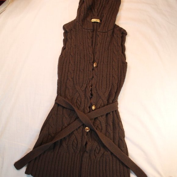 `guess jeans brown sleeveless wool hoodie cardigan - Picture 4 of 7